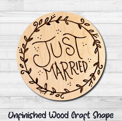 Just Married Vines Badge Unfinished Wood Shape Blank Laser Engraved Cut Out Woodcraft Craft Supply WED-002 - image1